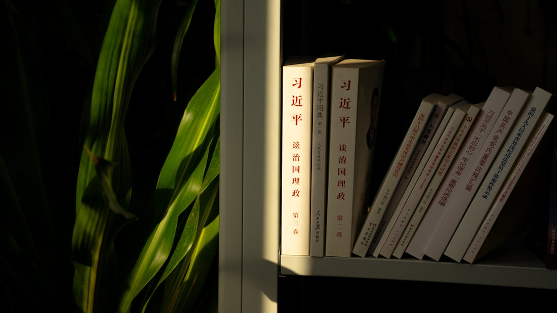 a row of books sitting on top of a white shelf